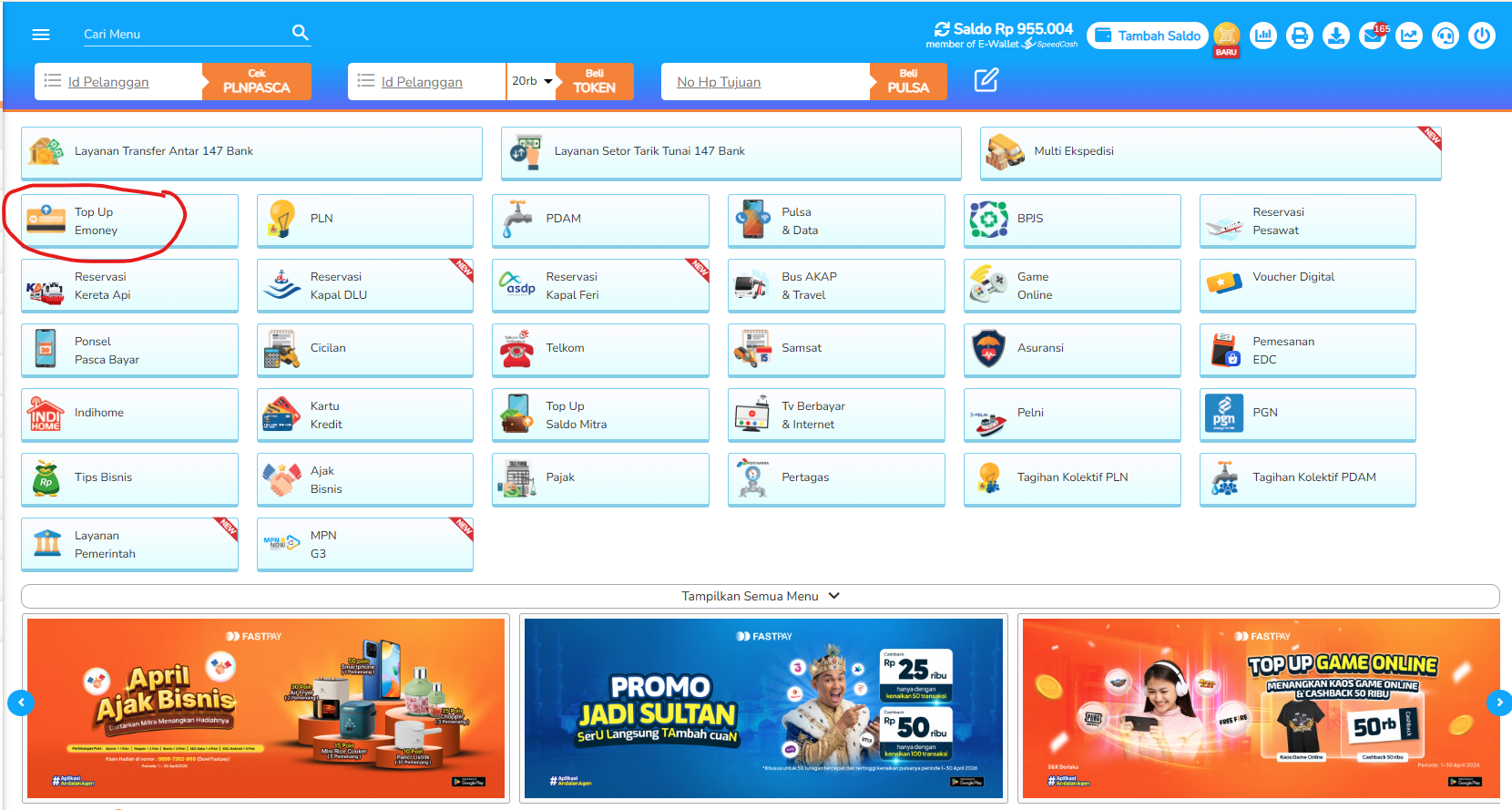 menu top up e-wallet dan e-money di fastpay pc