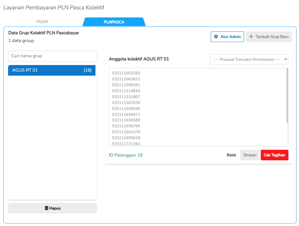 cara transaksi PLN kolektif - pilih nama grup dan cek tagihan