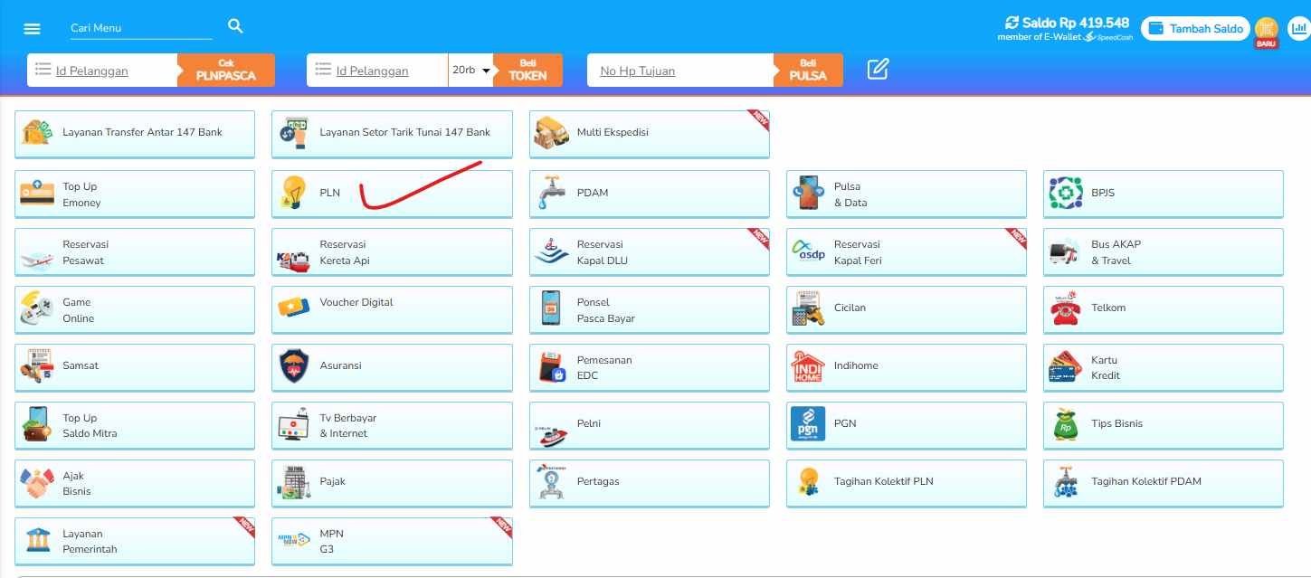 cara transaksi PLN - menu PLN di Aplikasi Fastpay WEB