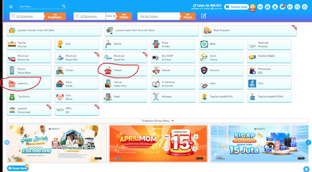 menu halaman awal telkom dan indihome di fastpay web pc