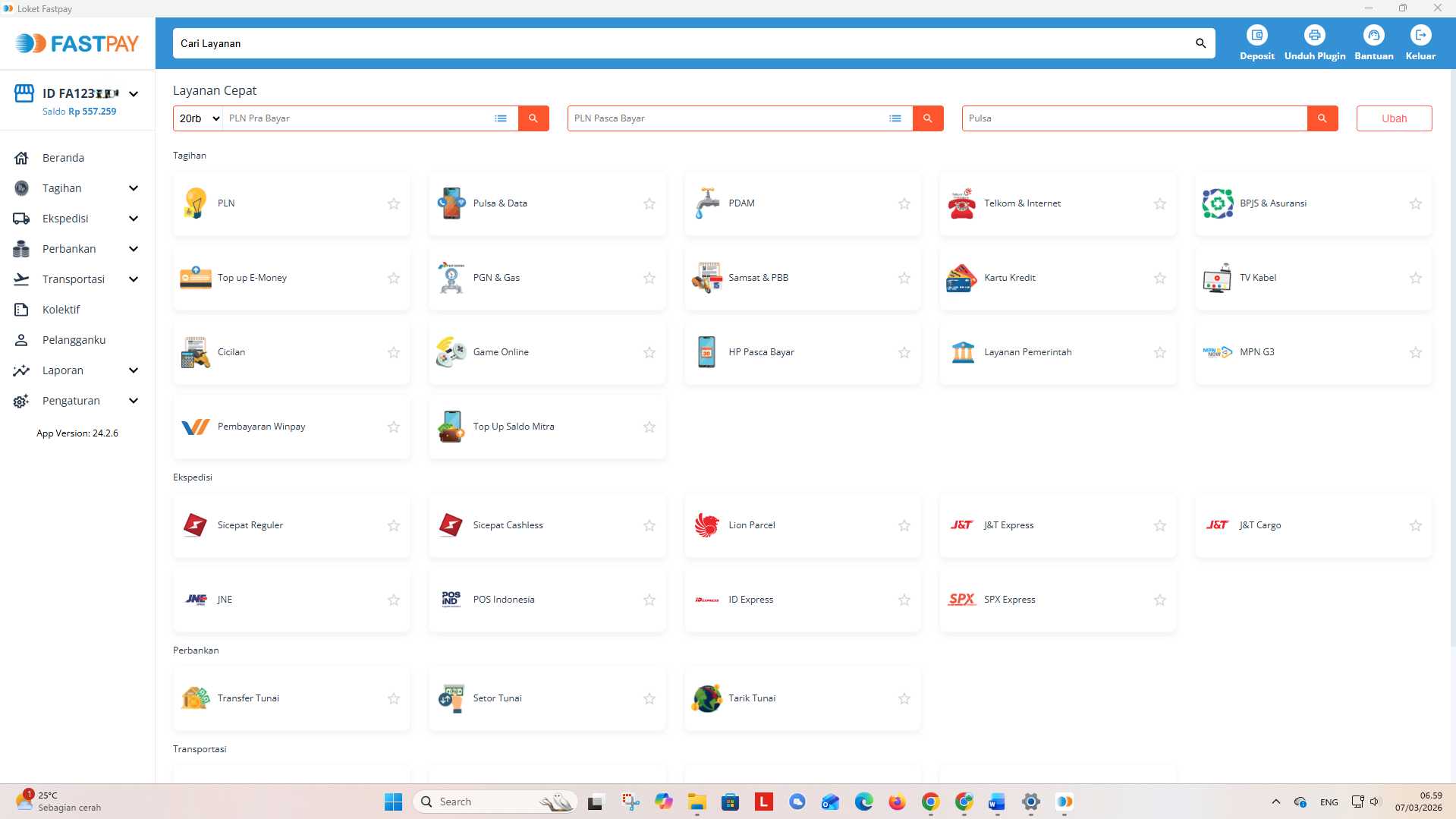 Gambar tampilan halaman login aplikasi loket fastpay desktop 24