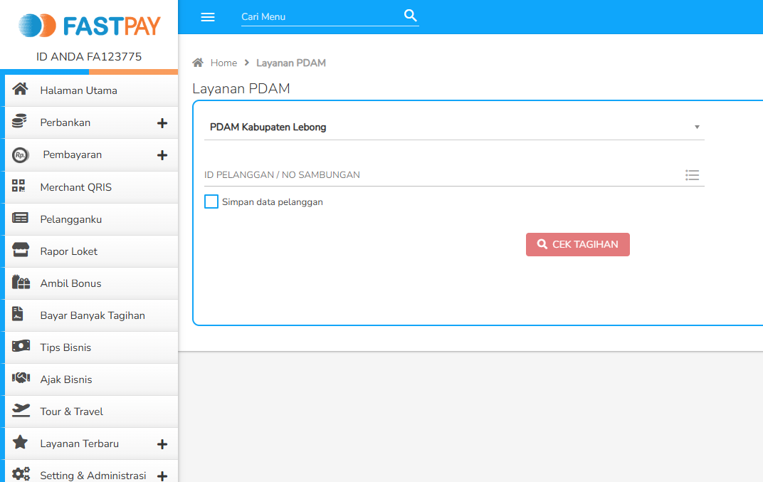 Gambar tampilan menu transaksi PDAM kabupaten lebong di Fastpay
