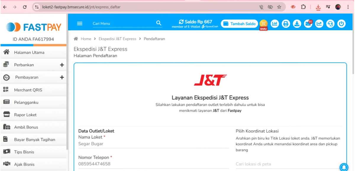 Panduan Pendaftaran Ekspedisi Fastpay- 5 isi seluruh form pendaftaran - klik lanjutkan