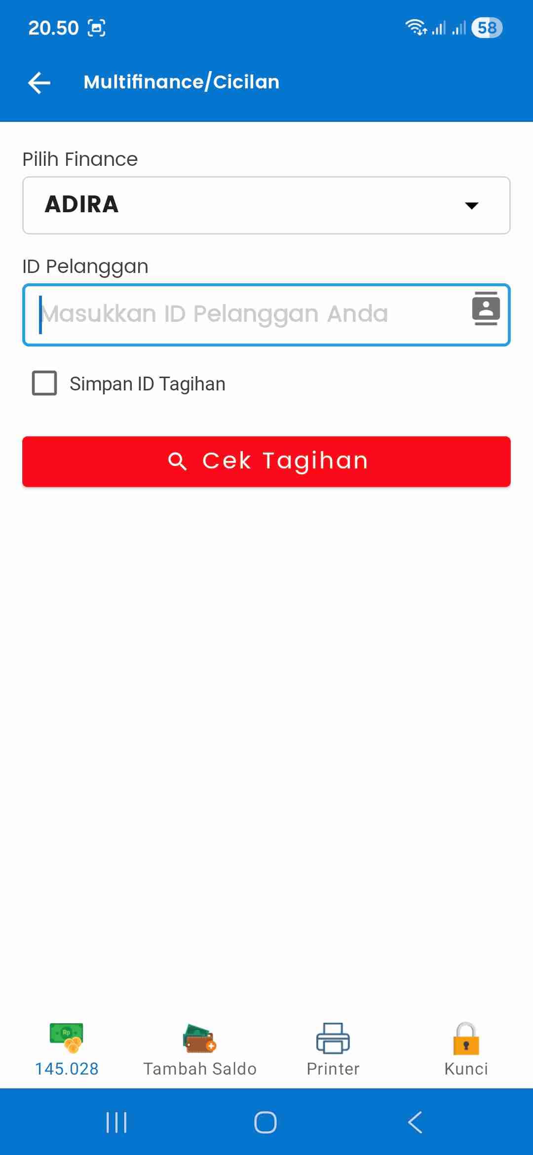 Tampilan menu ADIRA Finance di Fastpay Android