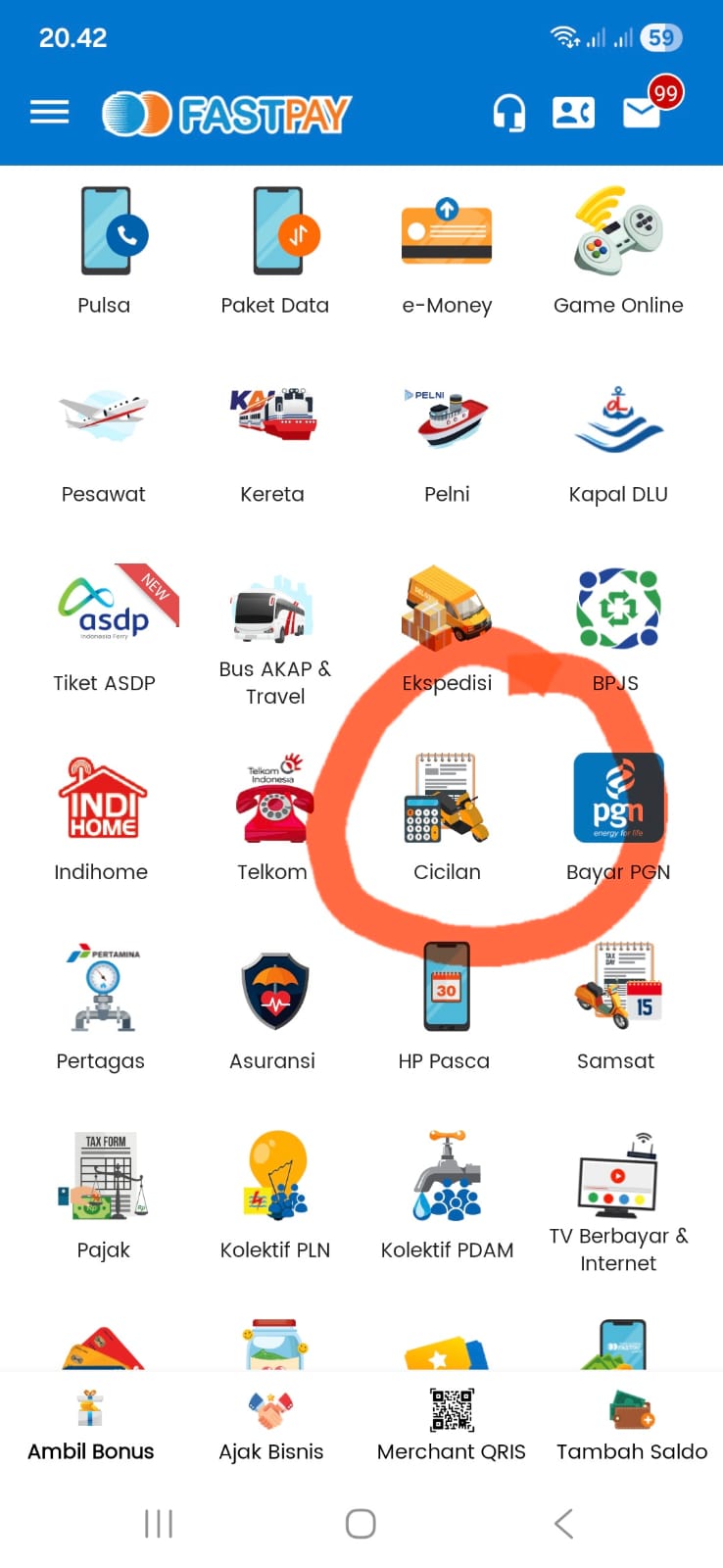 Tampilan menu CICILAN di Fastpay Android