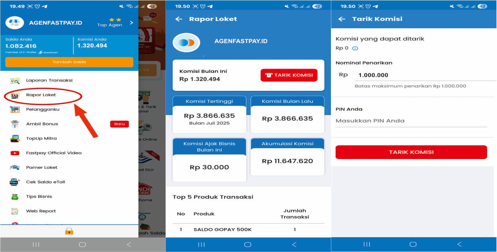 Tampilan menu raport loket untuk tarik komisi fastpay