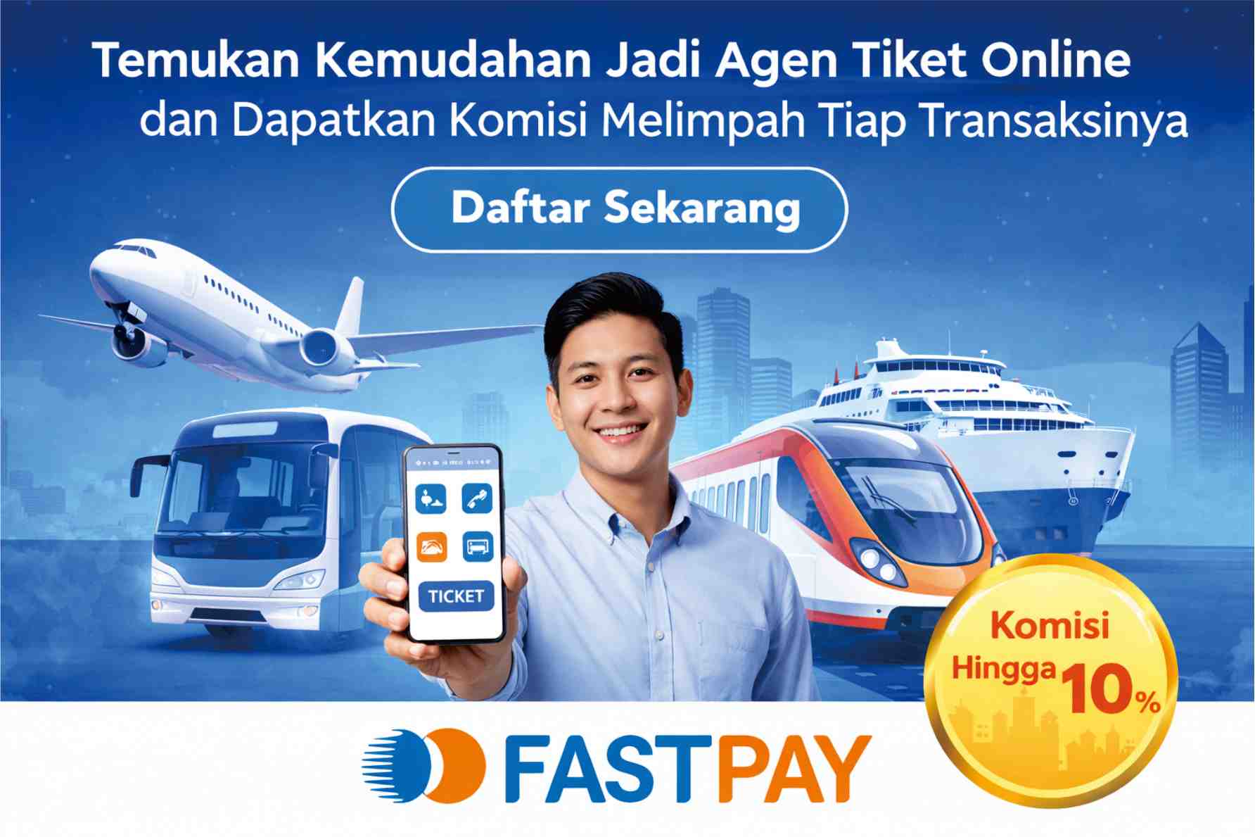 Banner bisnis agen tiket online Fastpay dengan komisi hingga 10% untuk penjualan tiket pesawat, kereta api, bus AKAP, dan kapal laut PELNI dan ASDP