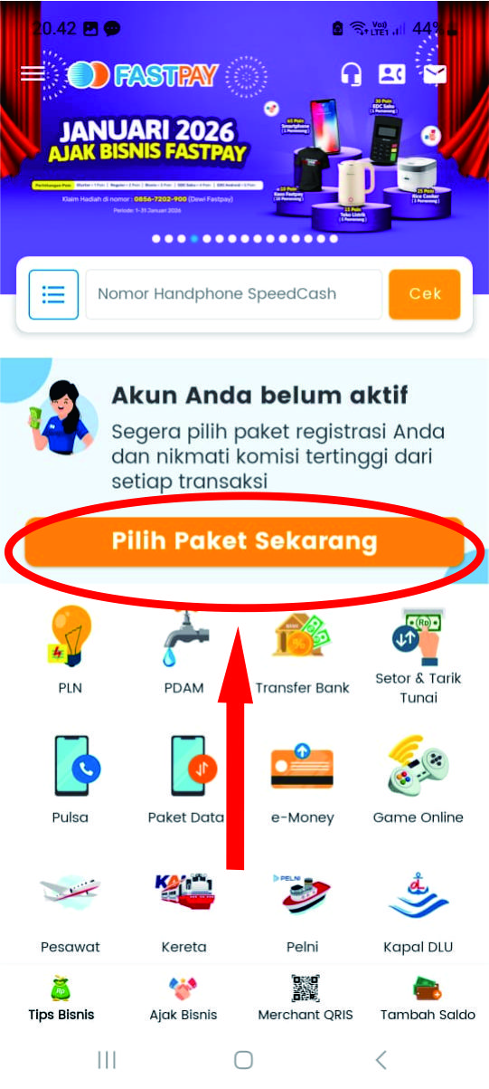 tampilan notifikasi dan menu aktivasi Fastpay di HP Android