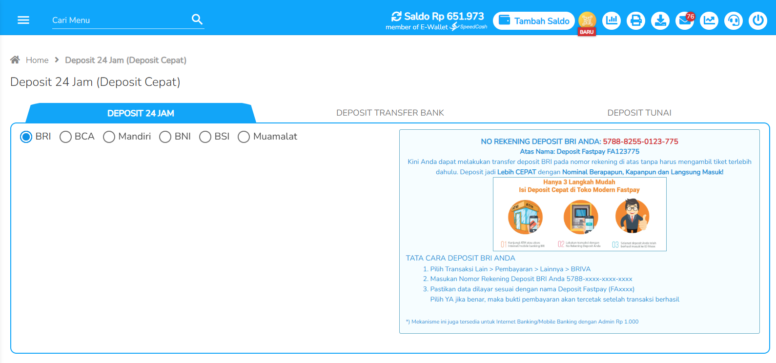 Cara topup isi saldo depost Fastpay 24 jam melalui VA BNI, BRI, BCA, MAndiri, BSI, Muammalat