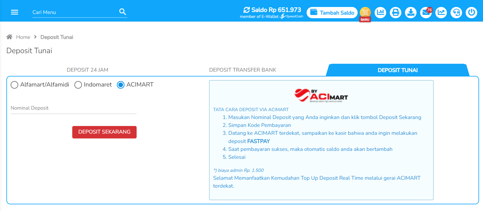 Gambar Menu topup deposit saldo fastpay di Acimart