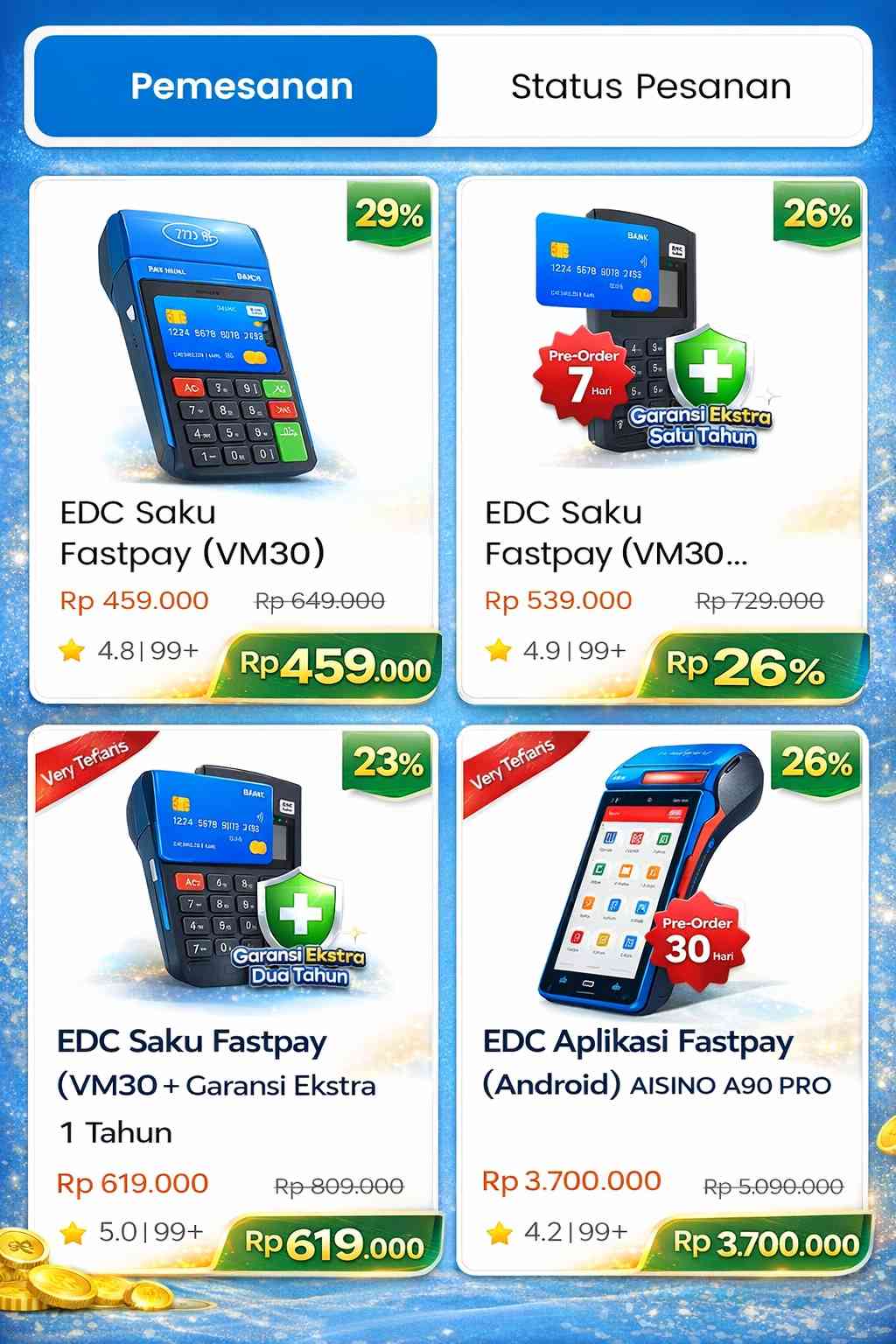gambar harga EDC Fastpay, type edc, masa garansi, diskon, status pemesanan