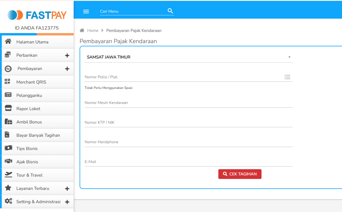 gambar menu transaksi samsat jawa timur di aplikasi fastpay