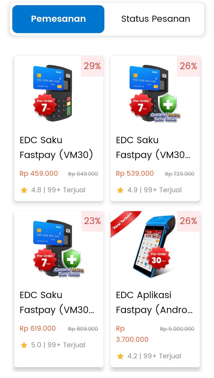 tampilan daftar harga edc dan edc saku fastpay di aplikasi fatspay dan status pemesanan