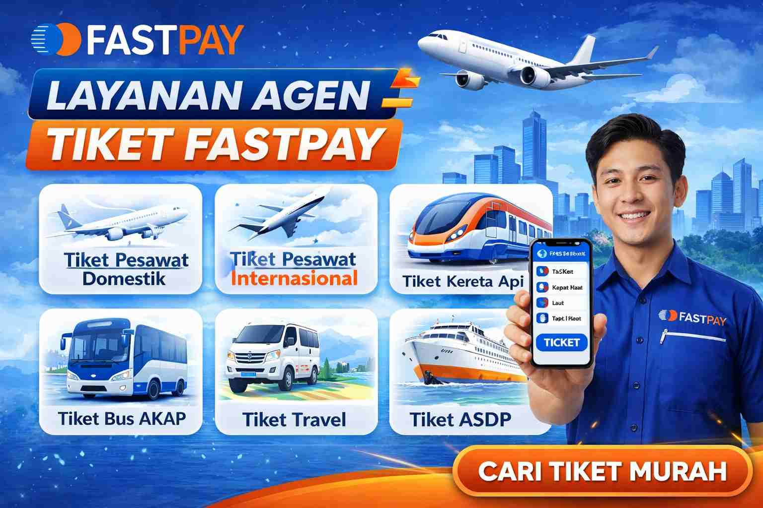 Banner layanan agen tiket Fastpay meliputi tiket pesawat domestik, tiket pesawat internasional, tiket kereta api, tiket bus AKAP, tiket travel, tiket ASDP, dan tiket kapal laut.