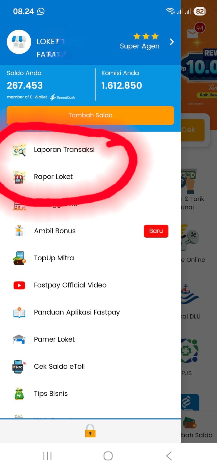 tampilan menu laporan transaksi dan raport loket tarik komisi fastpay