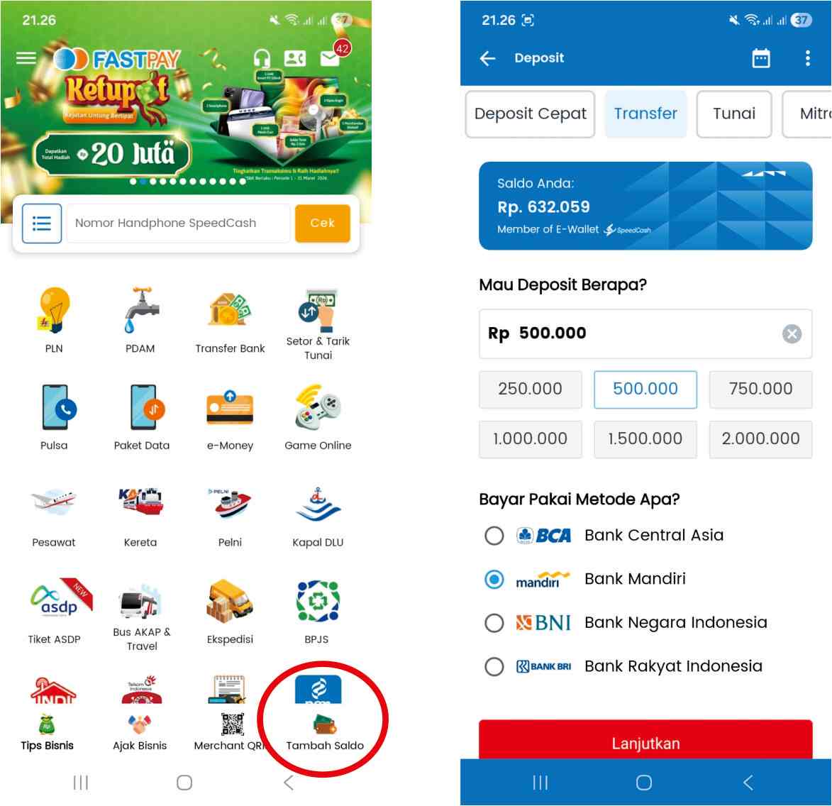 tampilan menu tambah saldo deposit fastpay 2026