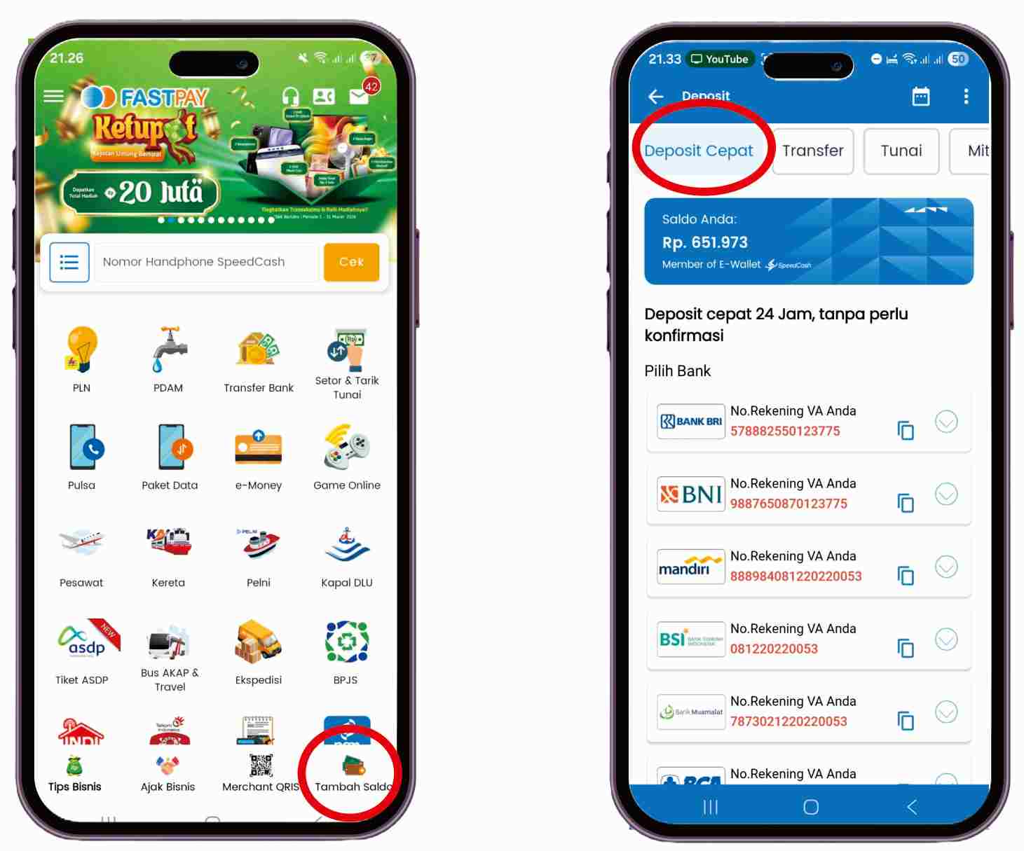 tampilan menu tambah saldo deposit fastpay 24 jam via VA