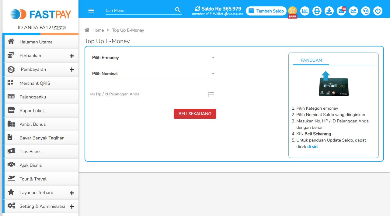 tampilan menu transaksi emoney-ewallet di aplikasi fastpay