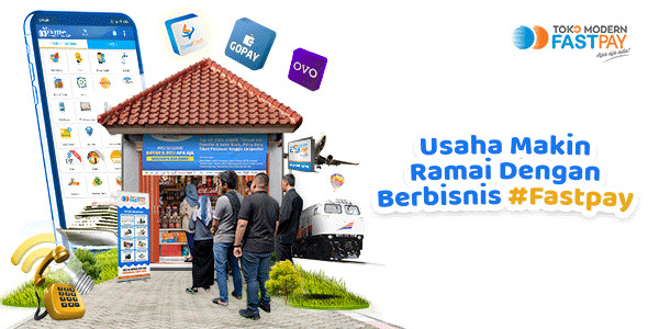 toko fastpay ramai pelanggan dengan promosi dan spanduk menarik