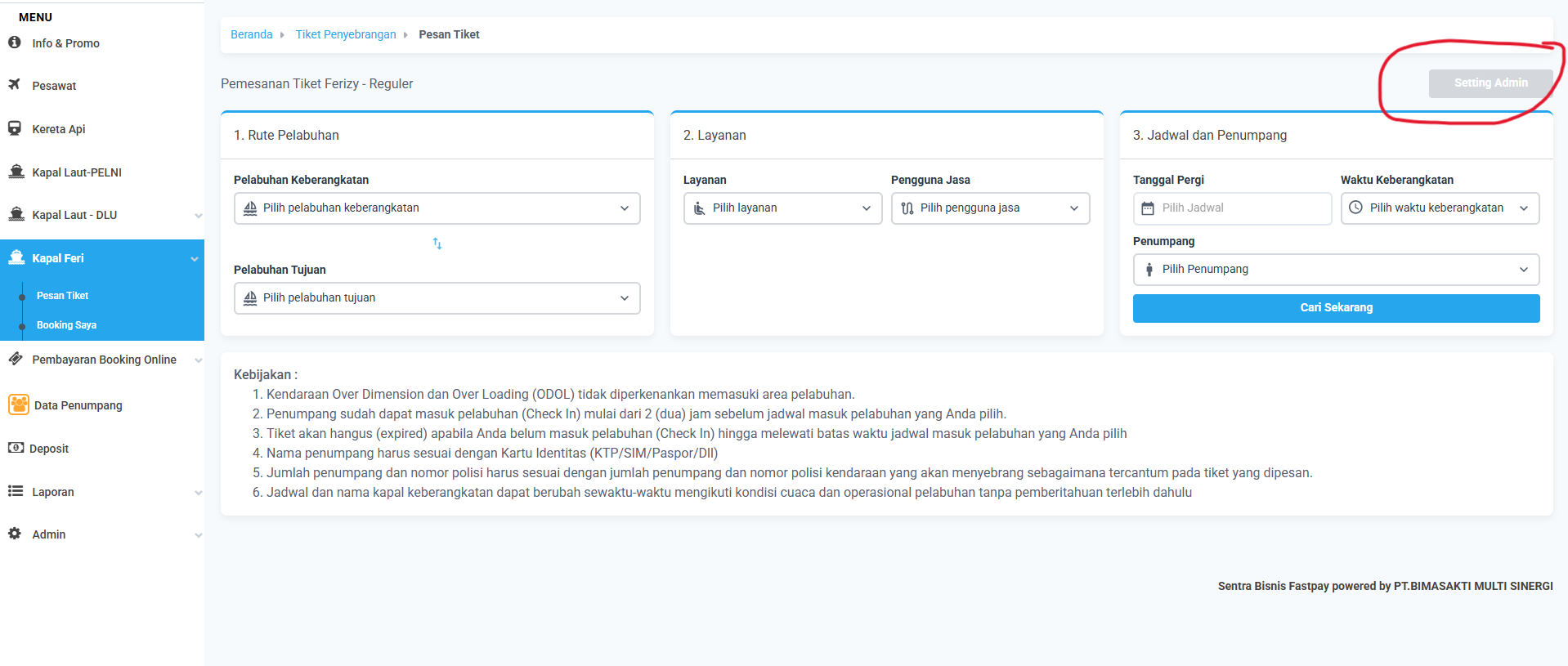 Letak tombol setting admin harga tiket ASDP