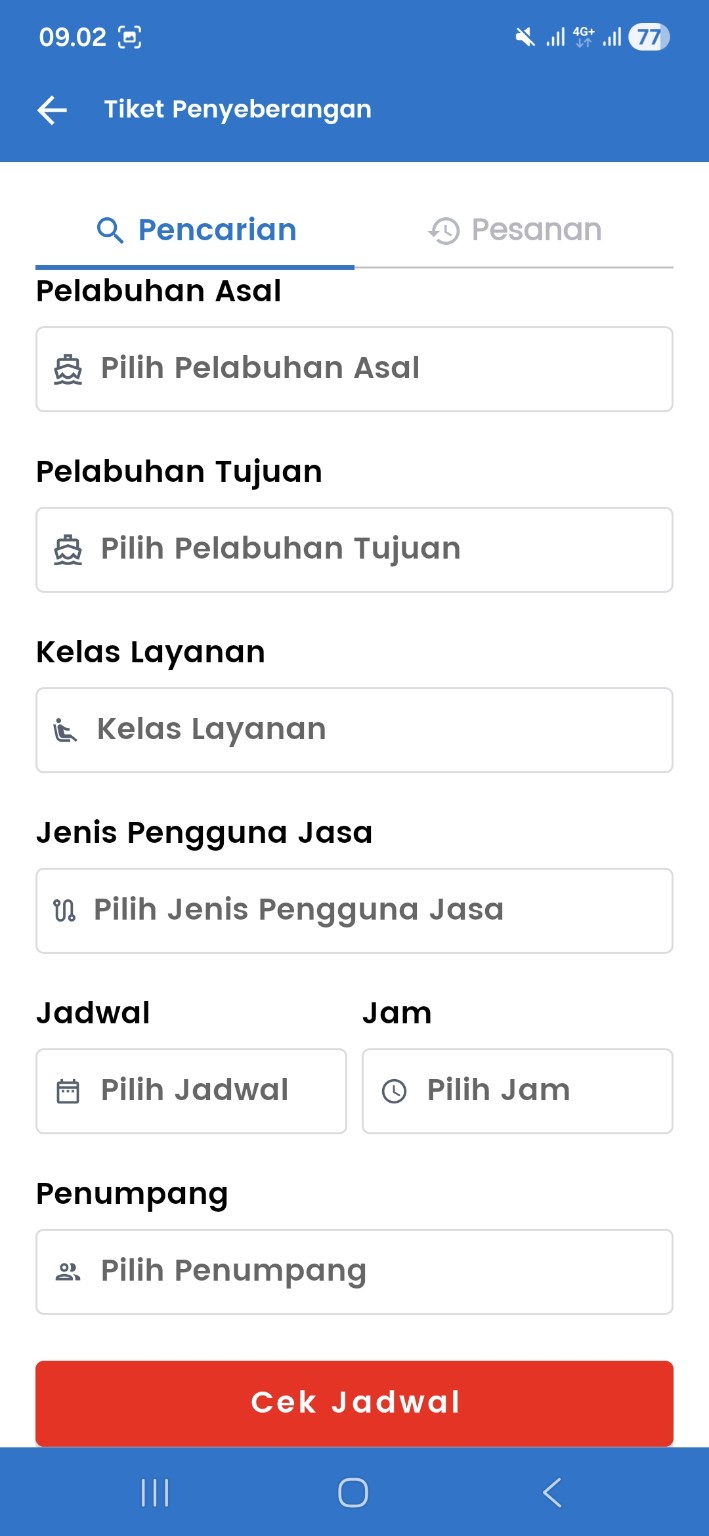 Panduan transaksi tiket ferry ASDP- halaman pencarian tiket penyeberangan