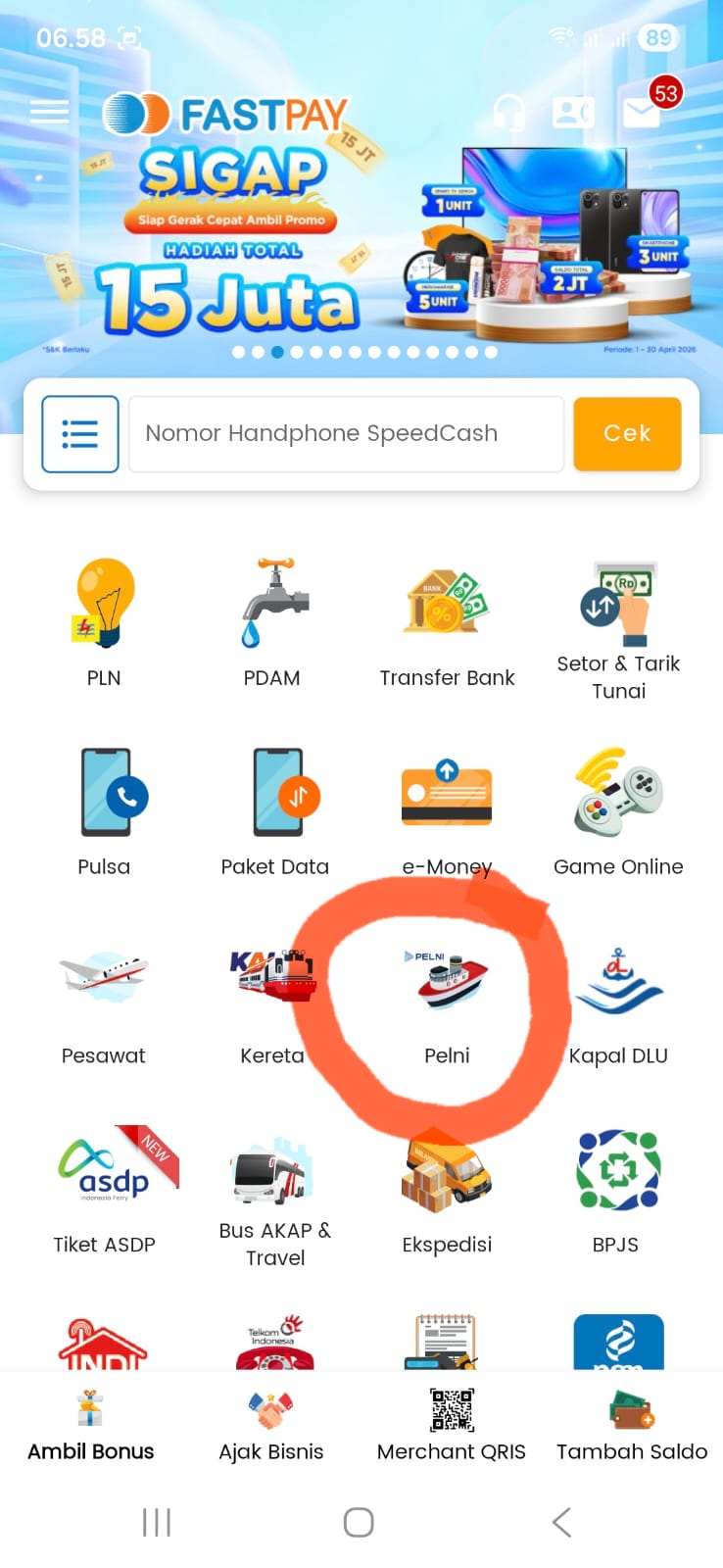 Tampilan menu PELNI di Fastpay