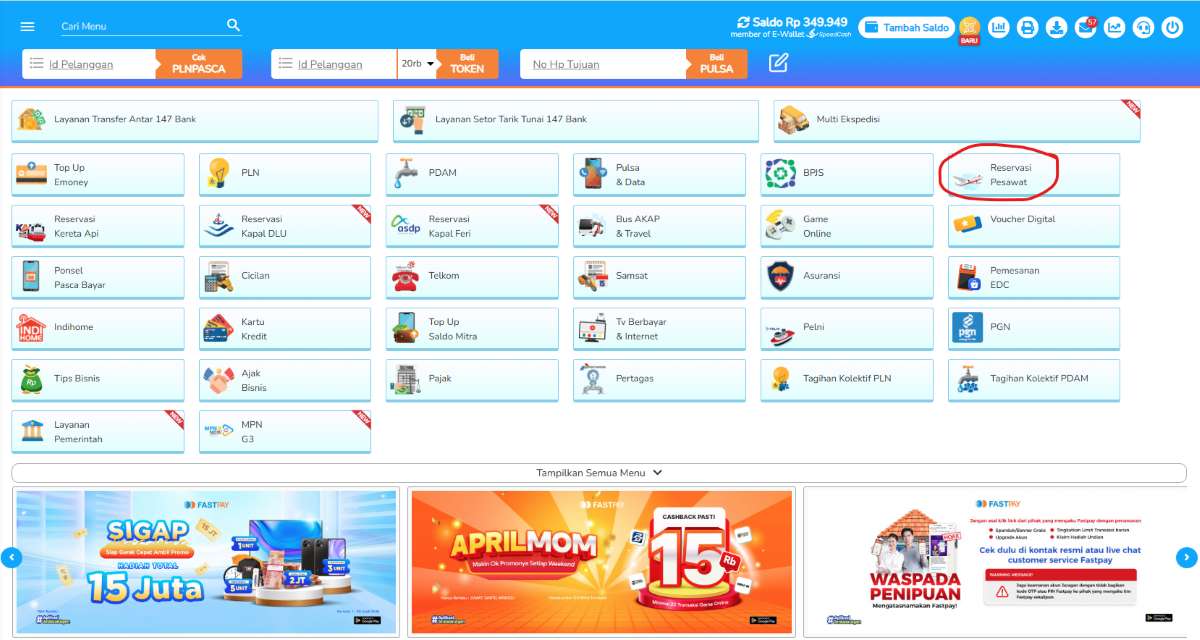 Tampilan menu PESAWAT Aplikasi Fastpay