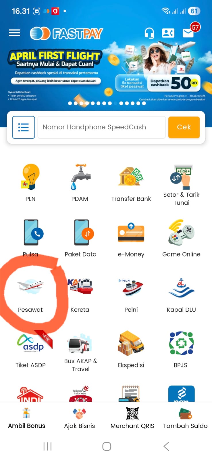 Tampilan menu PESAWAT di Fastpay