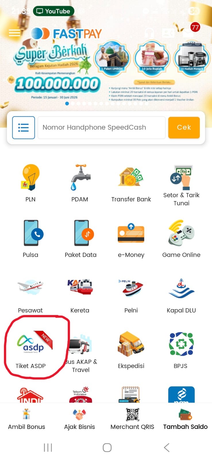 tampilan menu ASDP fastpay android