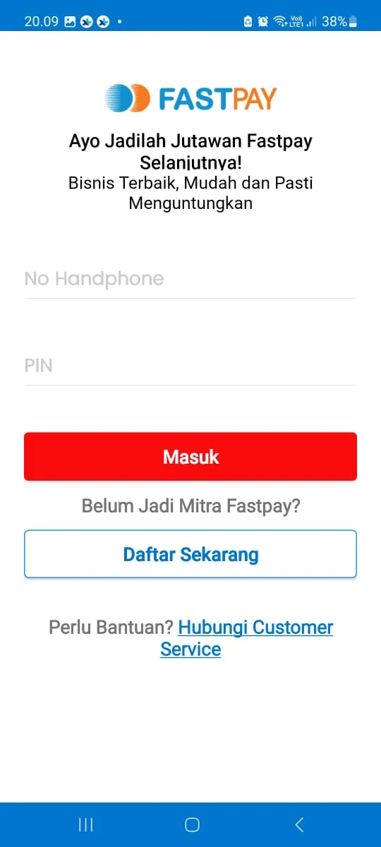 Halaman login aplikasi Fastpay dengan tombol Daftar Sekarang