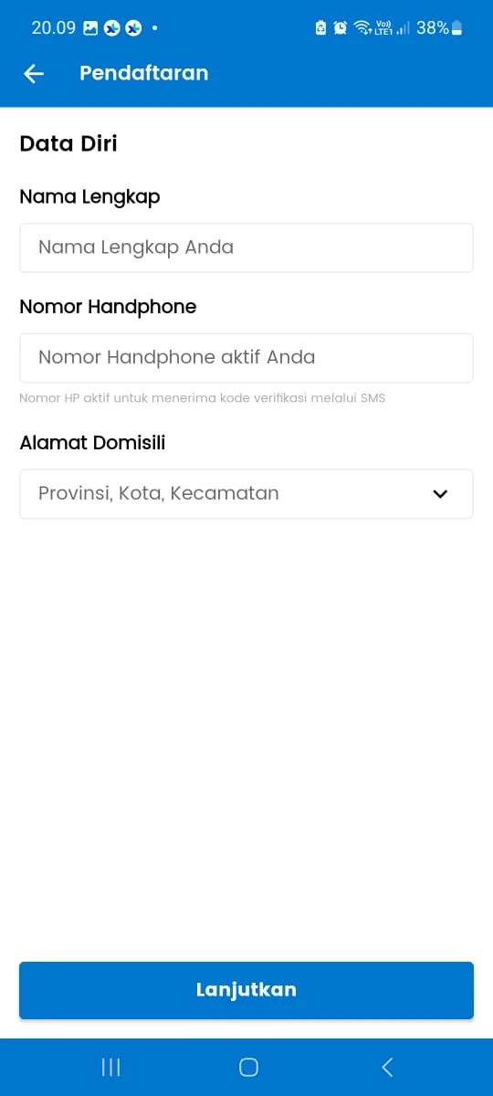 Formulir Data Diri pendaftaran Fastpay di aplikasi Android
