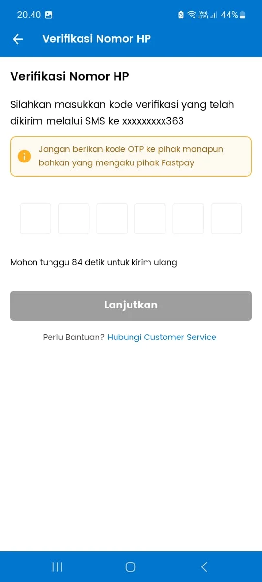 Halaman verifikasi nomor HP dan kode OTP aplikasi Fastpay