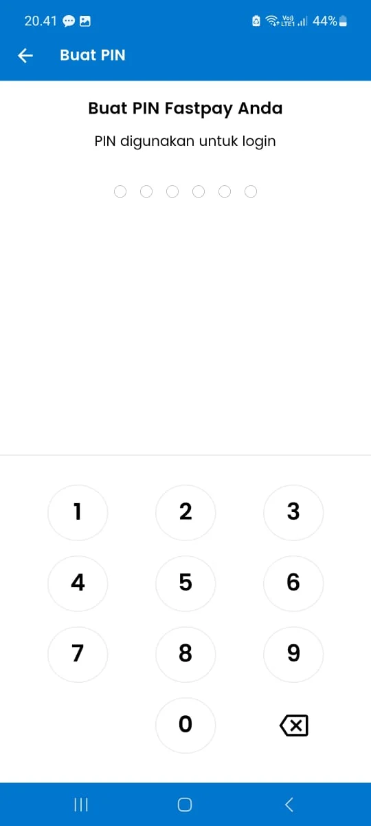 Halaman membuat PIN enam digit di aplikasi Fastpay