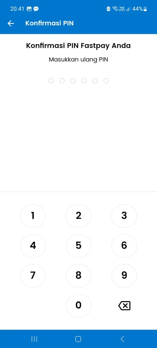 Halaman konfirmasi PIN enam digit di aplikasi Fastpay