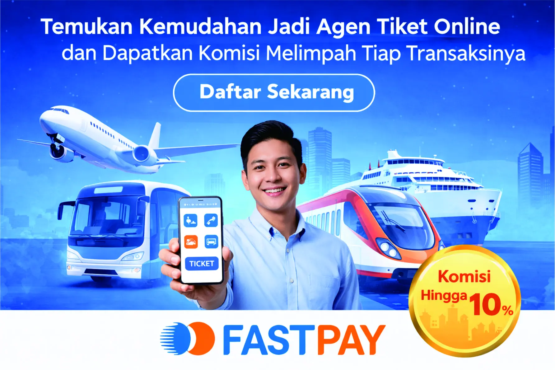 Banner bisnis agen tiket online Fastpay dengan komisi hingga 10% untuk penjualan tiket pesawat, kereta api, bus AKAP, ASDP, kapal laut