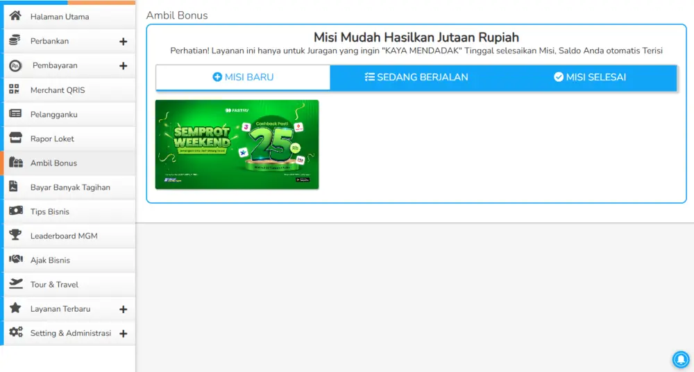 Tampilan menu Ambil Bonus Fastpay untuk mengecek misi SEMPROT Weekend