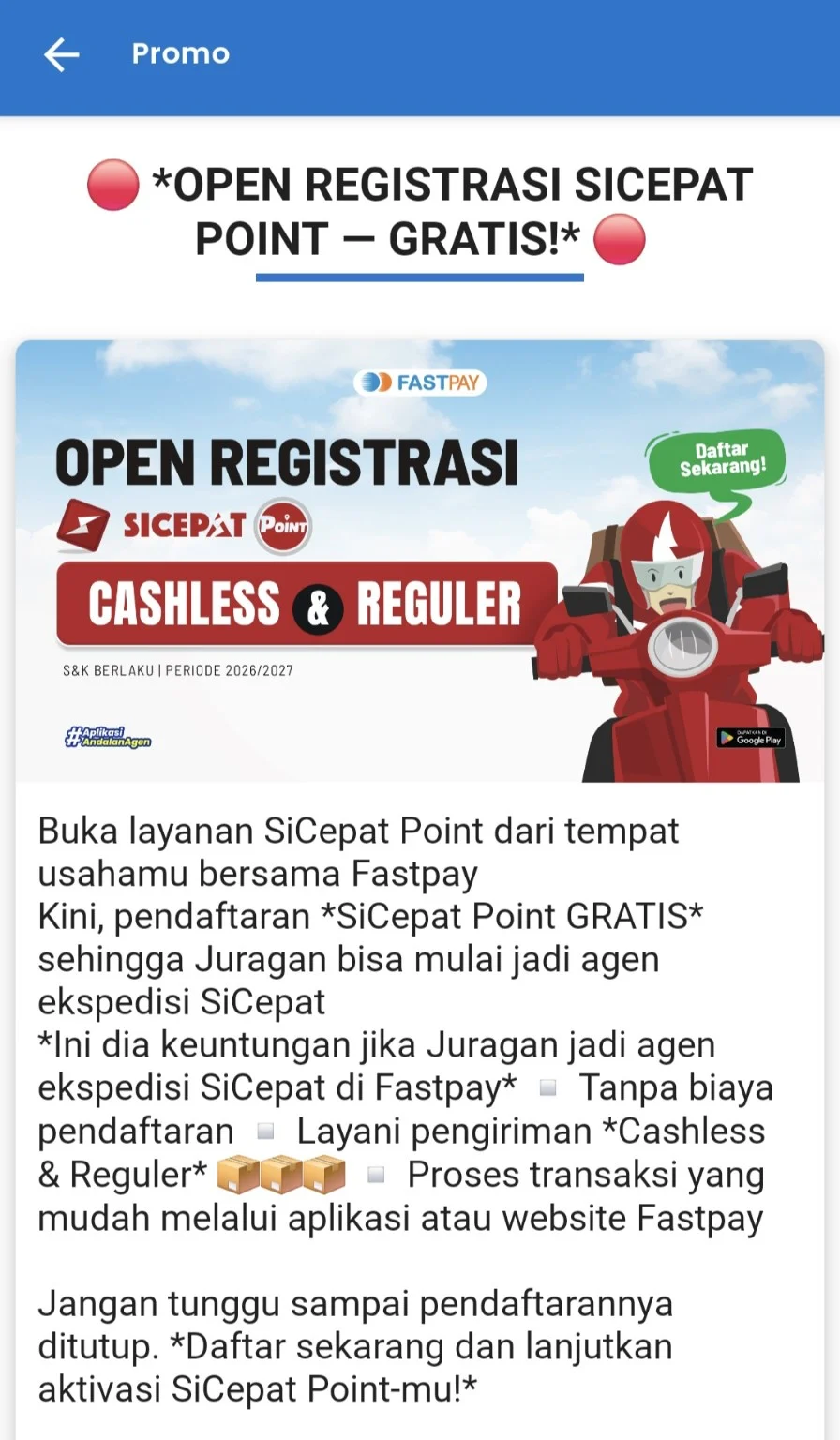 Materi resmi registrasi SiCepat Point gratis di Fastpay periode 2026/2027