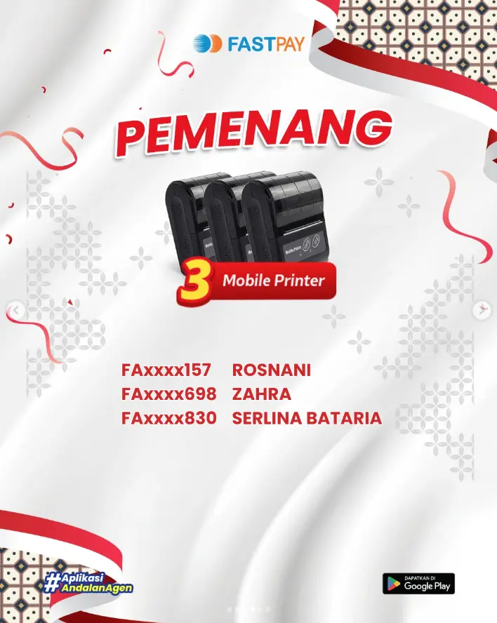 Tiga pemenang Mobile Printer program NUSANTARA Fastpay Agustus 2026