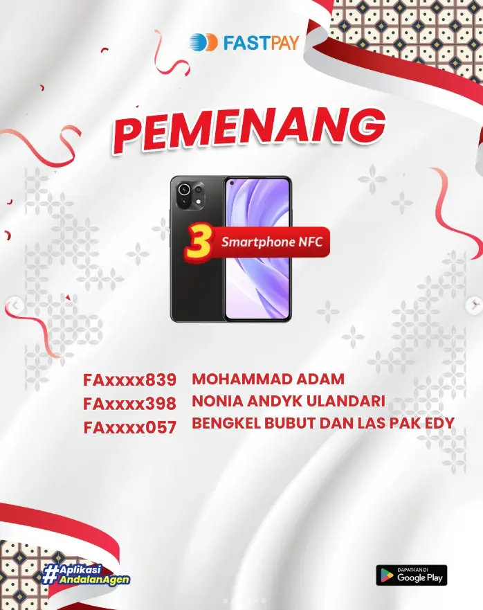 Tiga pemenang Smartphone NFC program NUSANTARA Fastpay Agustus 2026