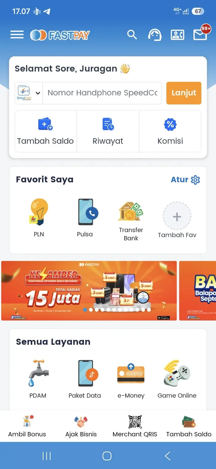 Tampilan beranda aplikasi Fastpay Android v7.0.1