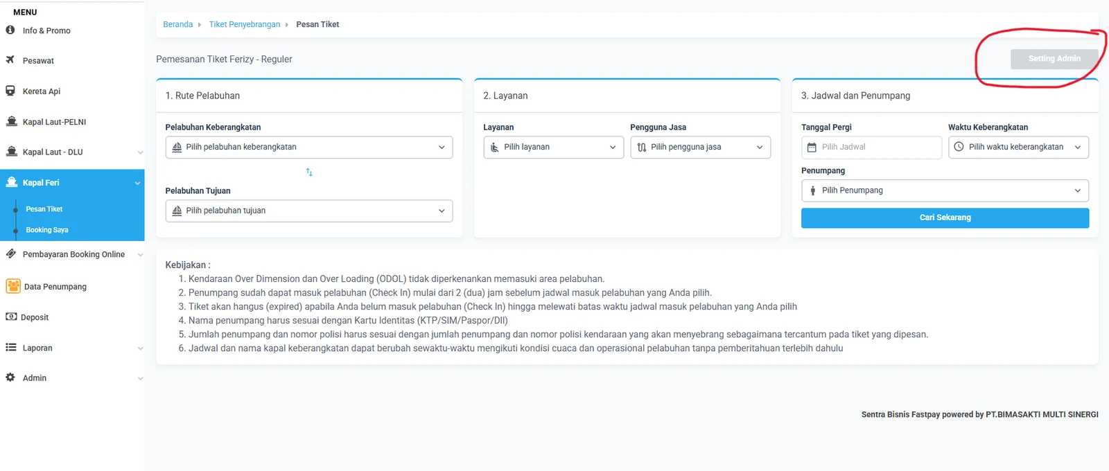Letak tombol Atur Admin tiket ASDP di Fastpay
