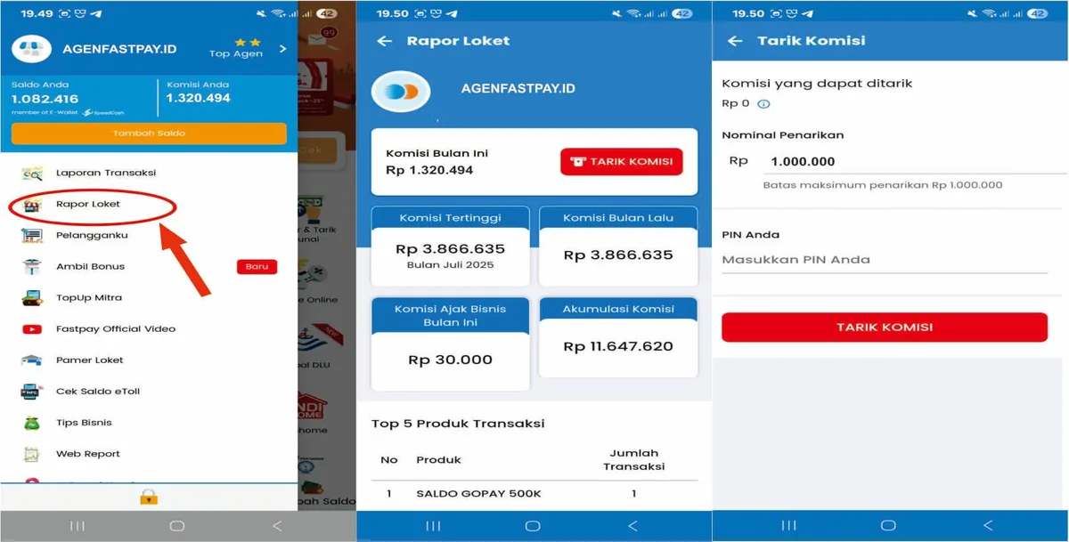 Tampilan menu raport loket untuk tarik komisi fastpay 