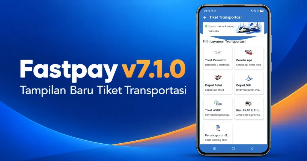 Fastpay v7.1.0 dengan tangkapan layar asli menu tiket transportasi