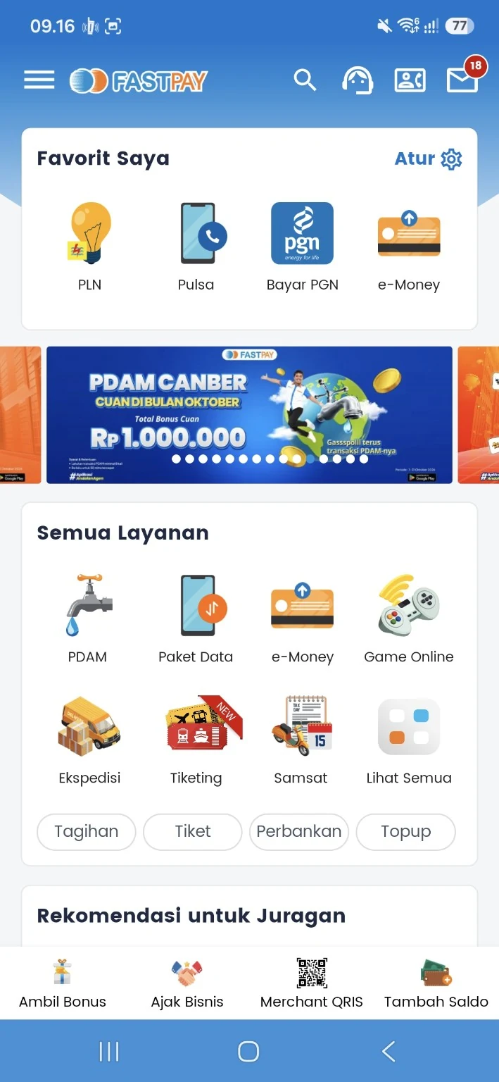 Beranda Fastpay dengan ikon Tiketing di bagian Semua Layanan