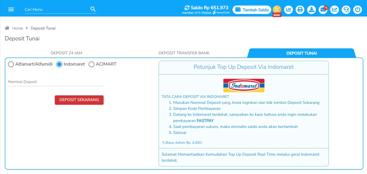 Gambar Menu topup deposit saldo fastpay di Indomart