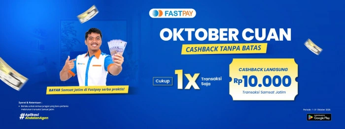 Poster promo Fastpay Oktober Cuan: Cashback Samsat Jatim 2026