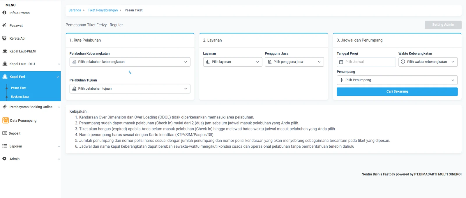 Form transaksi tiket ASDP pada Fastpay PC