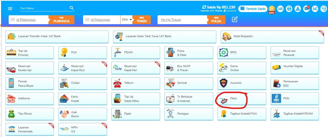 Menu pembelian tiket PELNI pada Fastpay PC